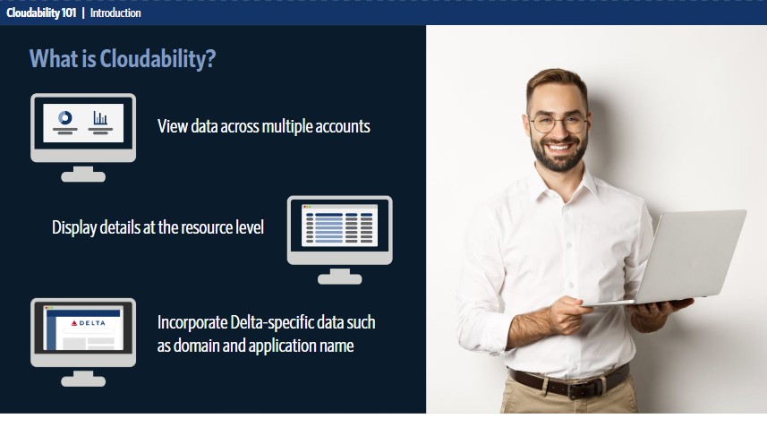 What is Cloudability: course introduction slide showing key capabilities
