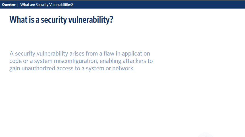 What is a security vulnerability: definition slide with animated text build