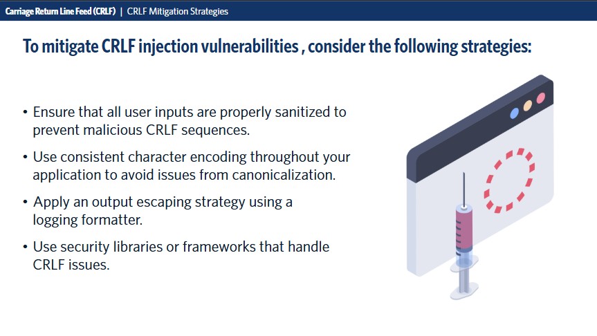 CRLF mitigation strategies slide with syringe graphic