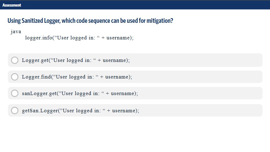Assessment question: Using Sanitized Logger, which code sequence can be used for mitigation
