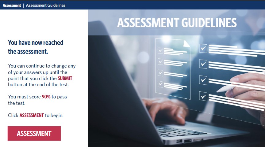 Assessment guidelines slide showing 90% pass requirement