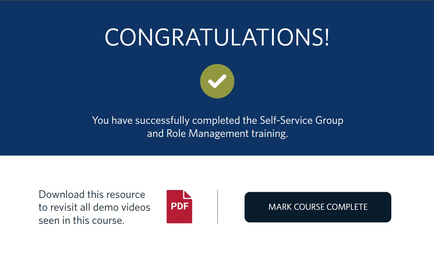 Course completion screen with PDF resource download and Mark Course Complete button